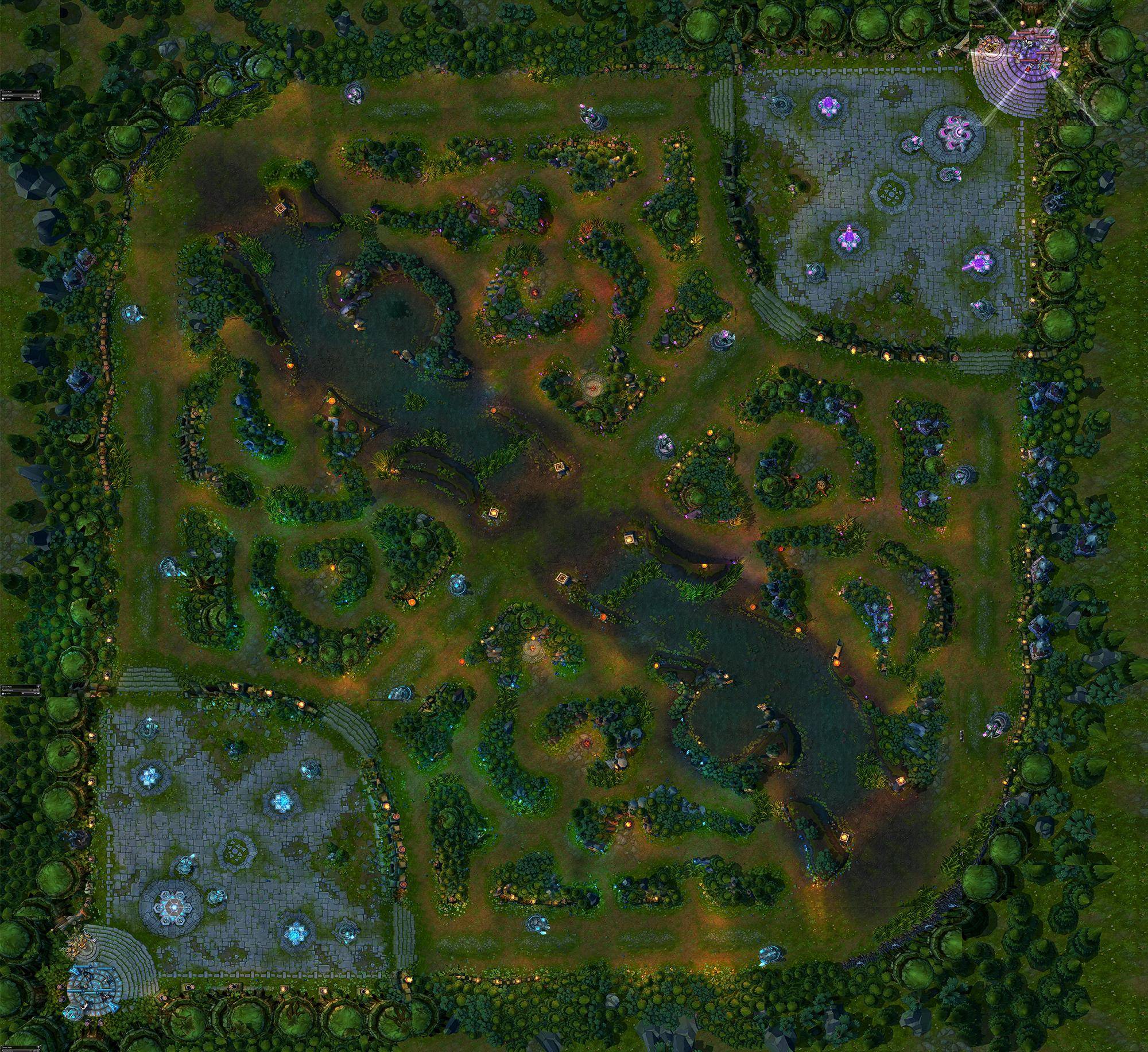 Close view of the Season 3 Rift's Purple-side base corner, wall and jungle edge